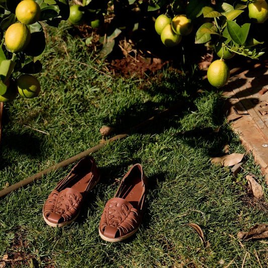 Brown sandals on grass with lemon tree in the background