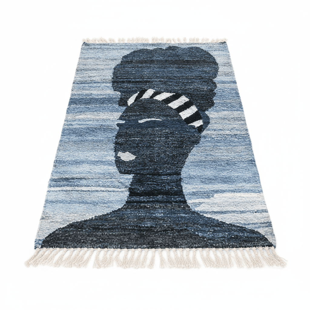 Rug with a stylized silhouette design on a white background