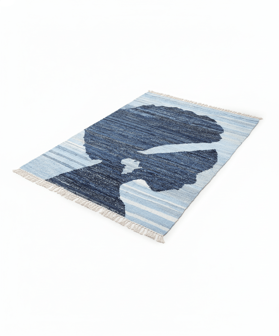 Blue and white rug with abstract design on a white background