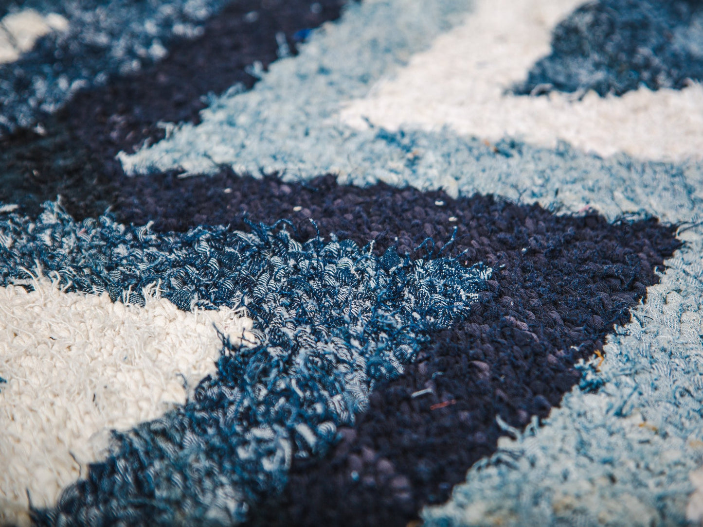 Close-up of a textured fabric with blue and white pattern