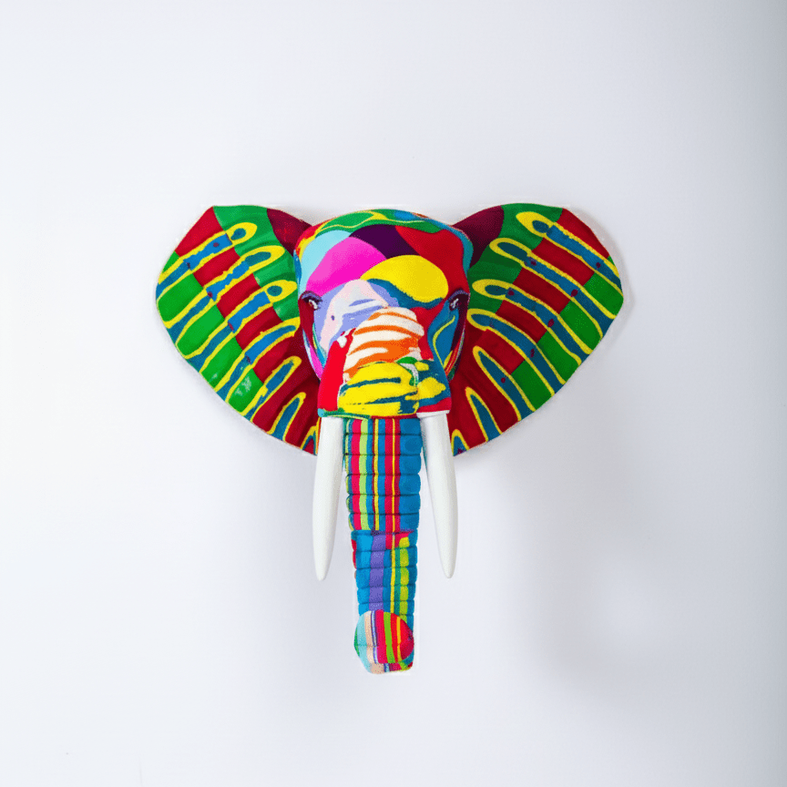 Colorful elephant head decoration on a white background