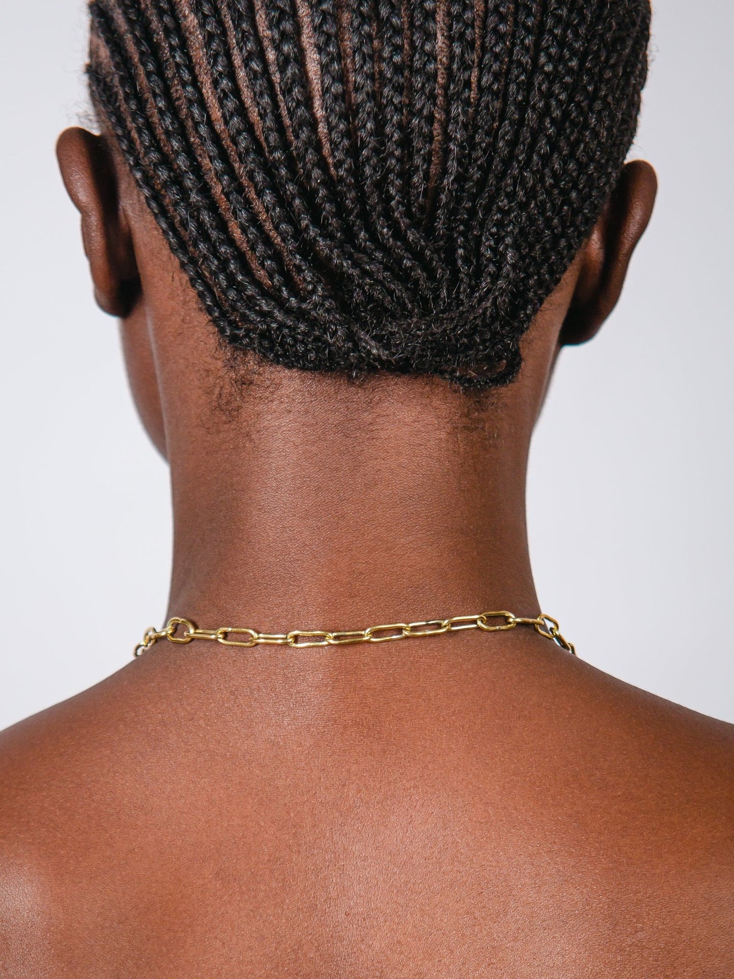 Back view of a person with braided hair wearing a gold chain necklace on a plain background