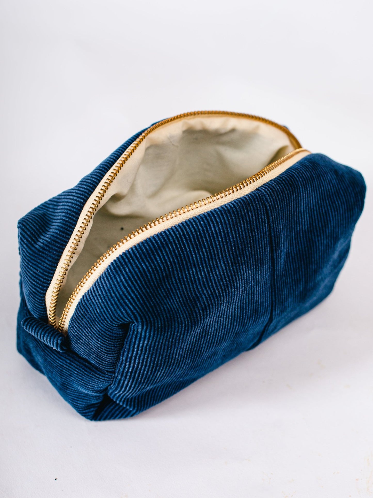 Blue velvet pouch with gold zipper on a white background