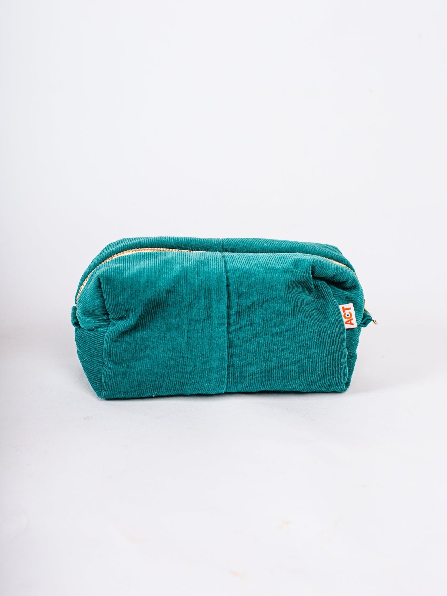 Teal pouch with a brand logo on a white background