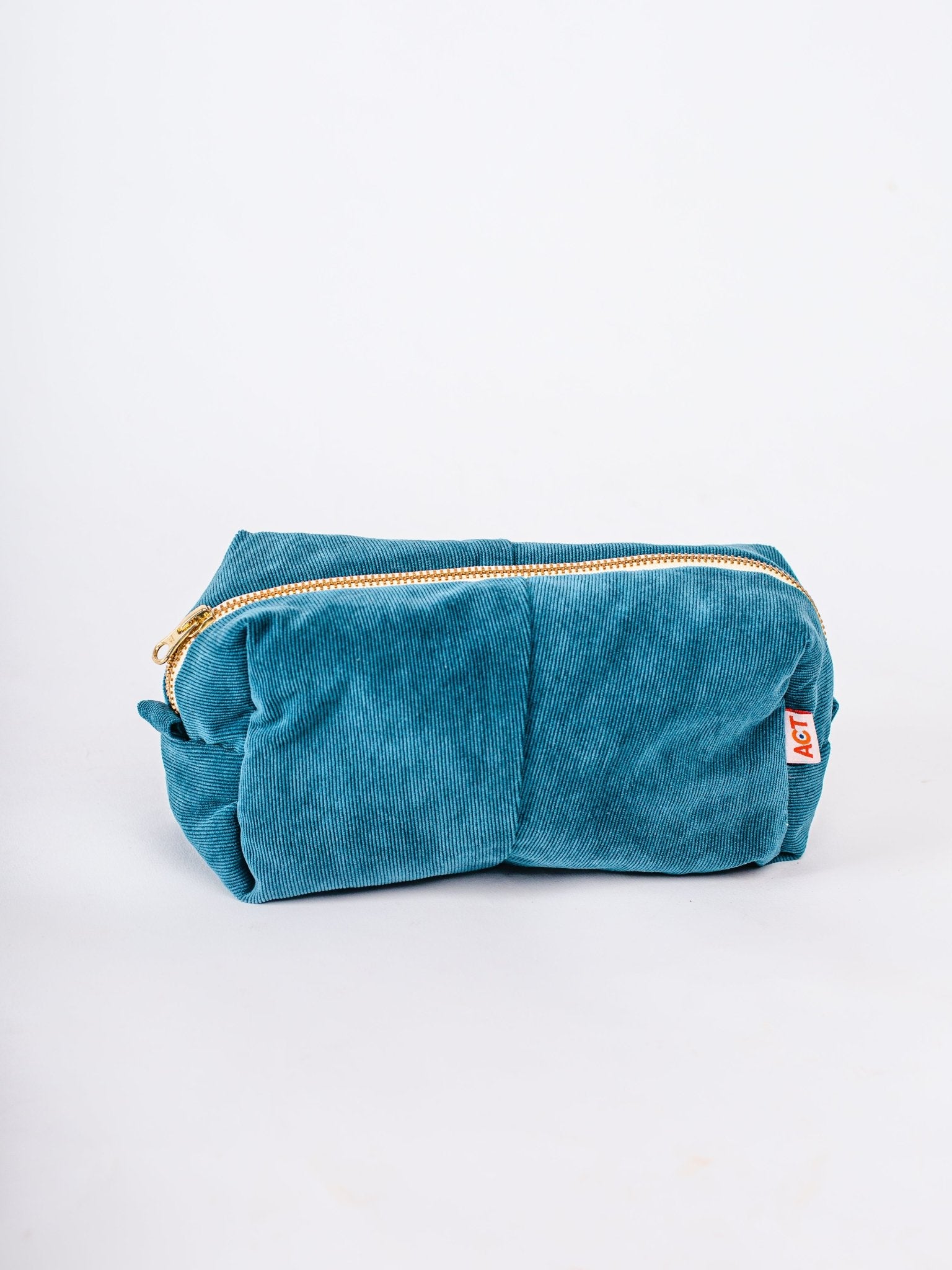Blue velvet pencil case with gold zipper on a white background