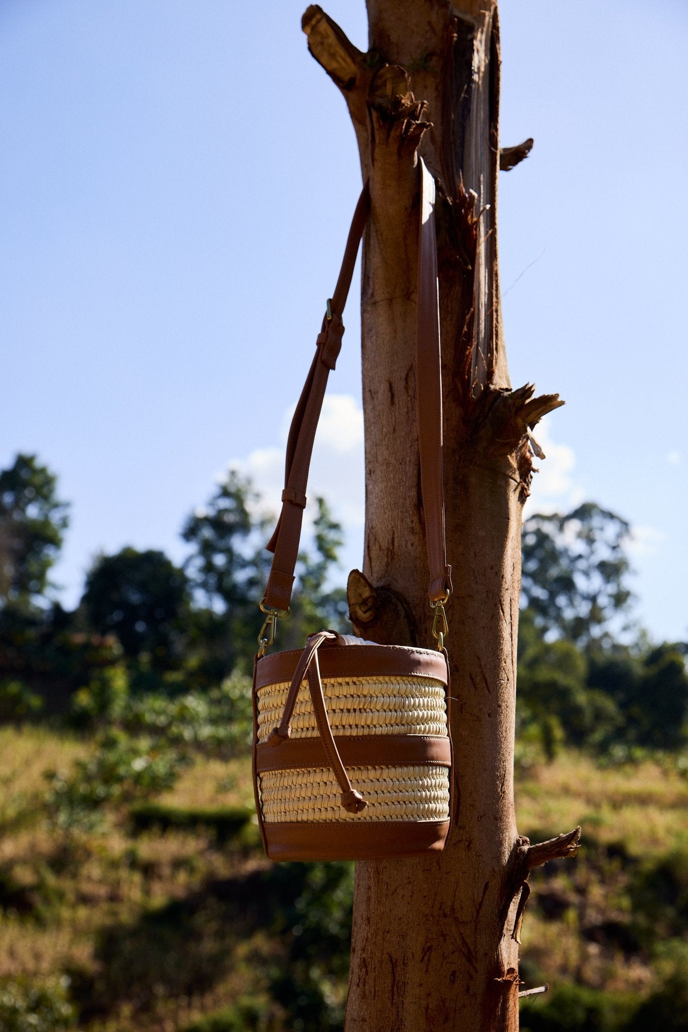 Straw bag hanging on a tree with a natural landscape in the background